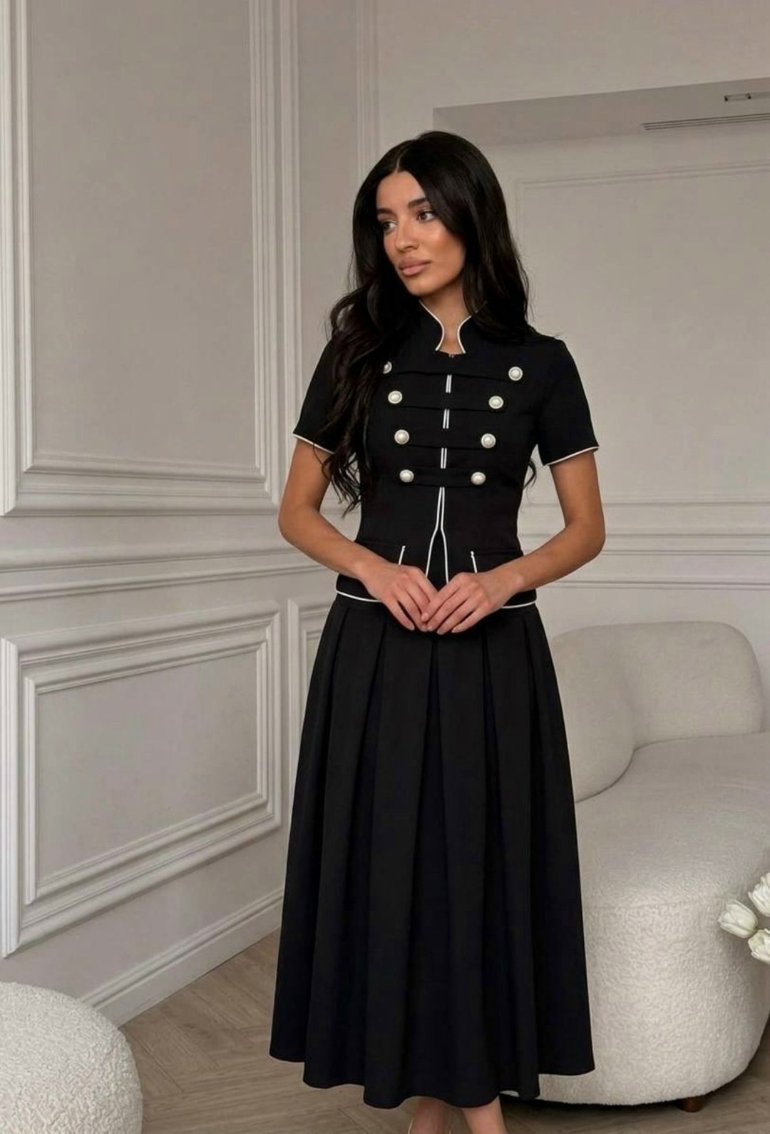 черное платье в горошек с белым воротником,платье в горошек,платье в горошек с белым воротником,стильное платье,платья женская