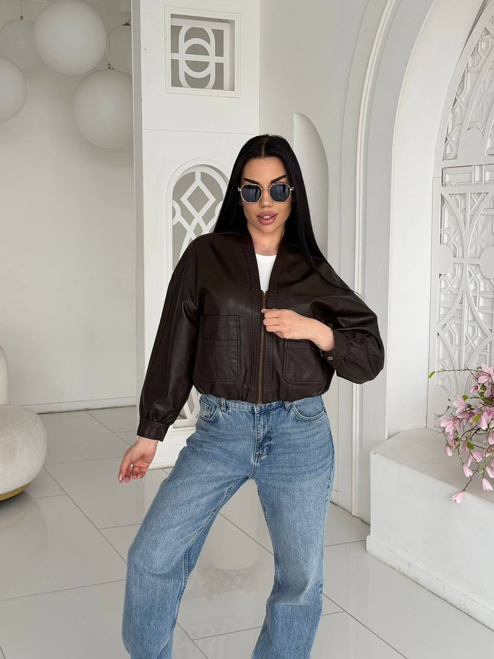 кожаная куртка женская nobrand ad166 черная 46-48 ru,куртка бомбер,кожаная куртка,женская кожаная куртка,куртка из экокожи