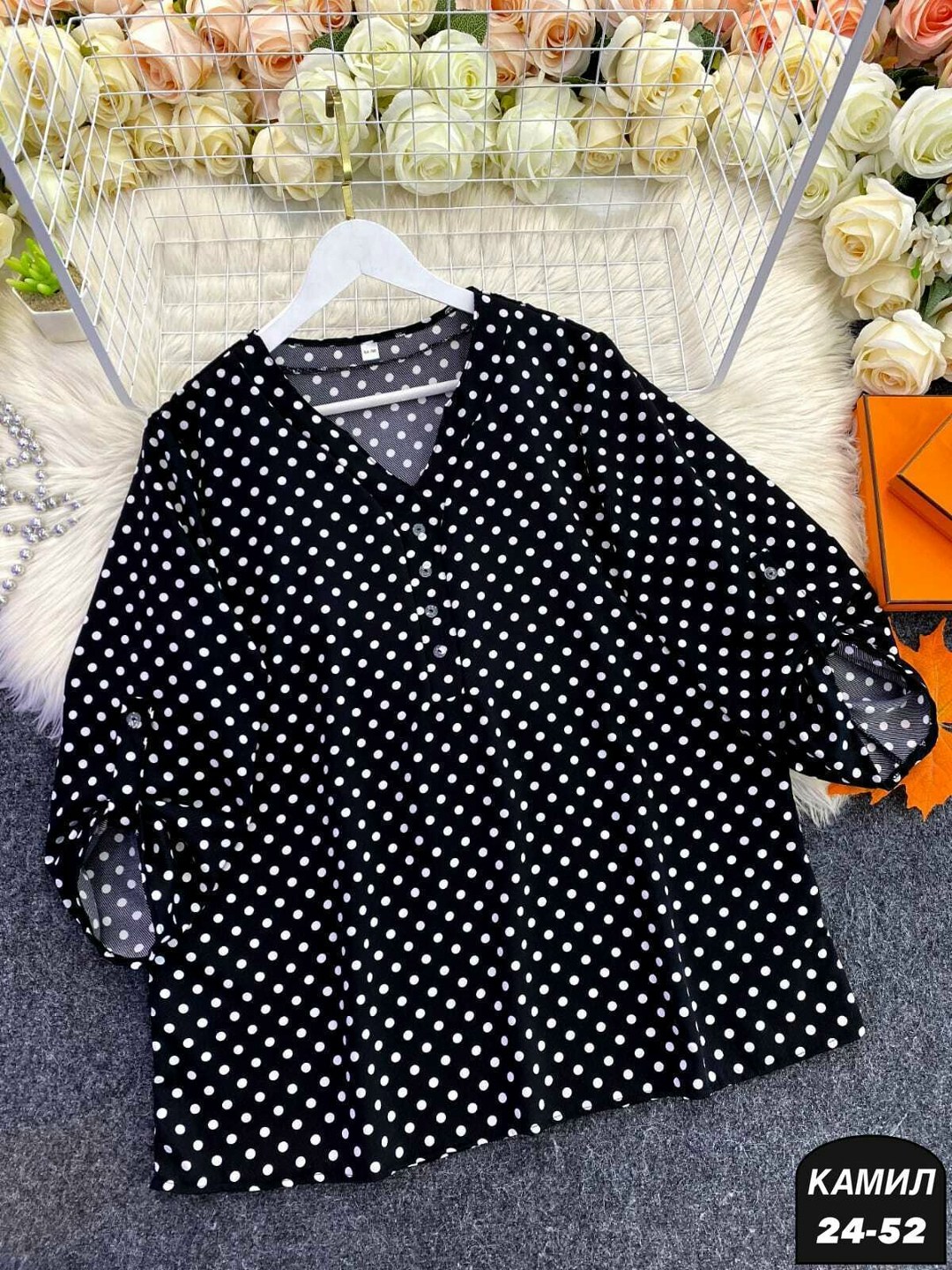 блузка в горошек для полных,блузы в горошек для полных,блузка горох,блузка больших размеров в горох dora plus,женская блузка больших размеров