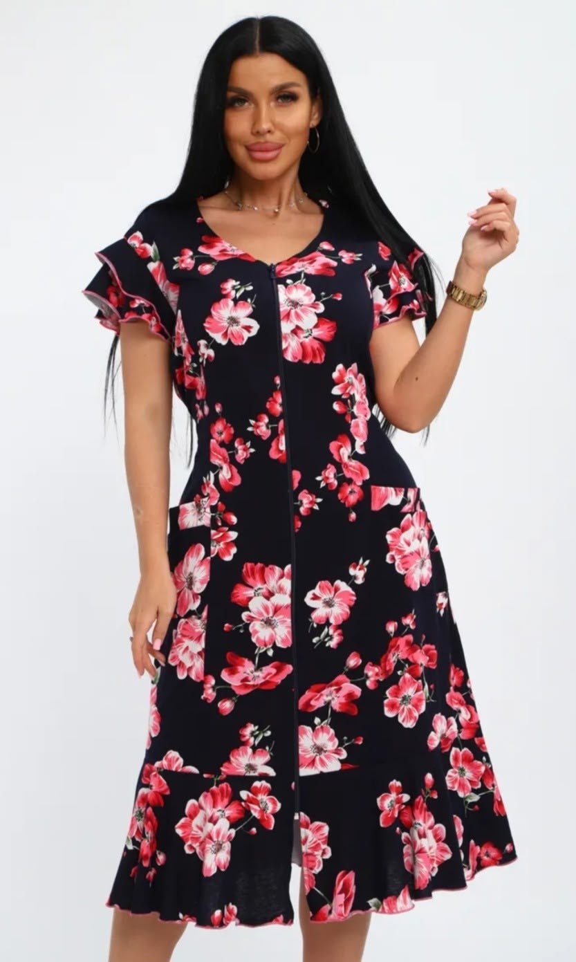 халат женский домашний,женский халат,халат женский 46663 сине-розовый,халат трикотажный,халат домашний летний на молнии большой размер фламинго текстиль