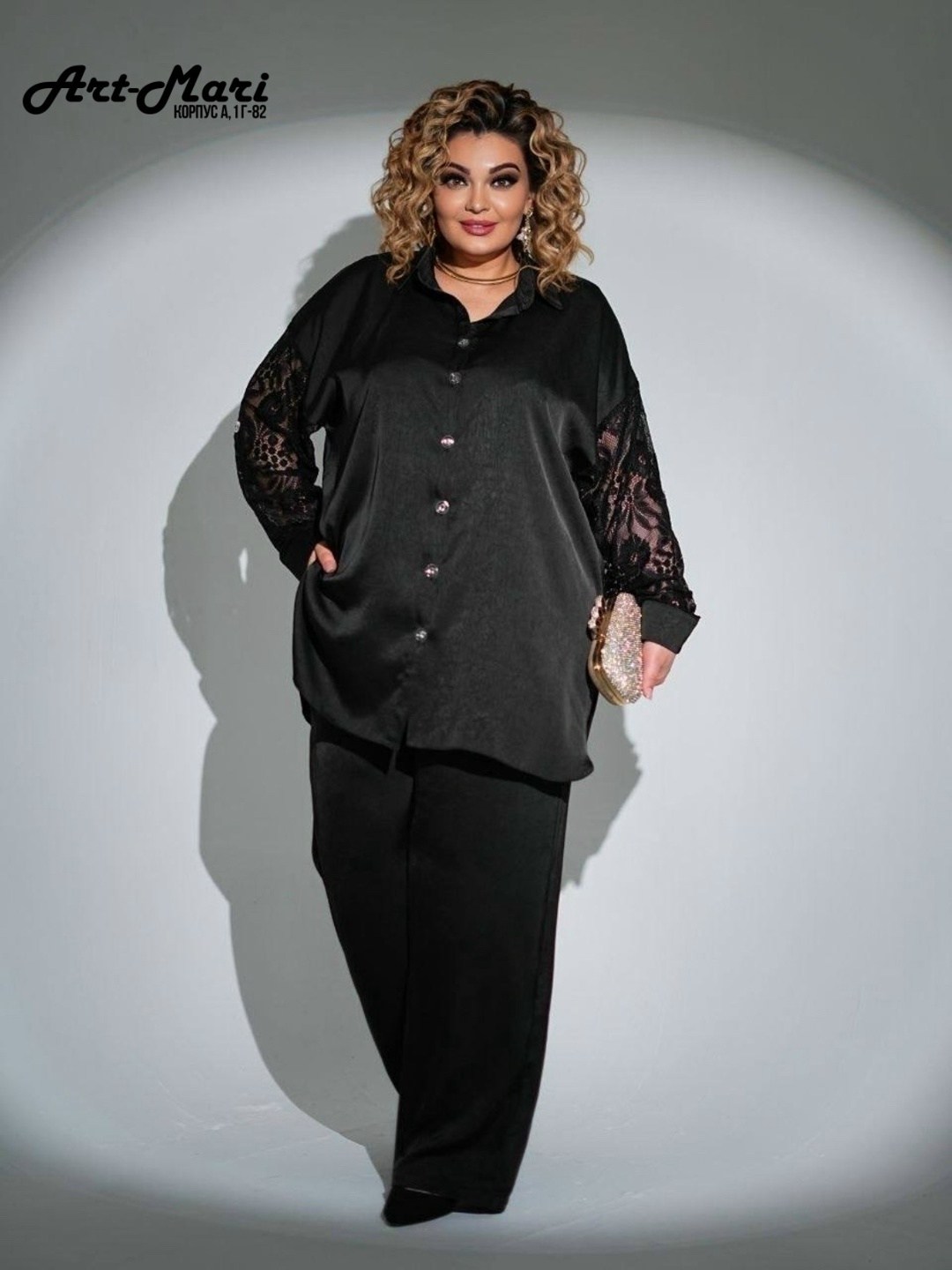 блузка solomealux 942 черный в размере 54-60,брючный костюм,брючный комплект,брючный костюм женский вечерний,костюм с брюками