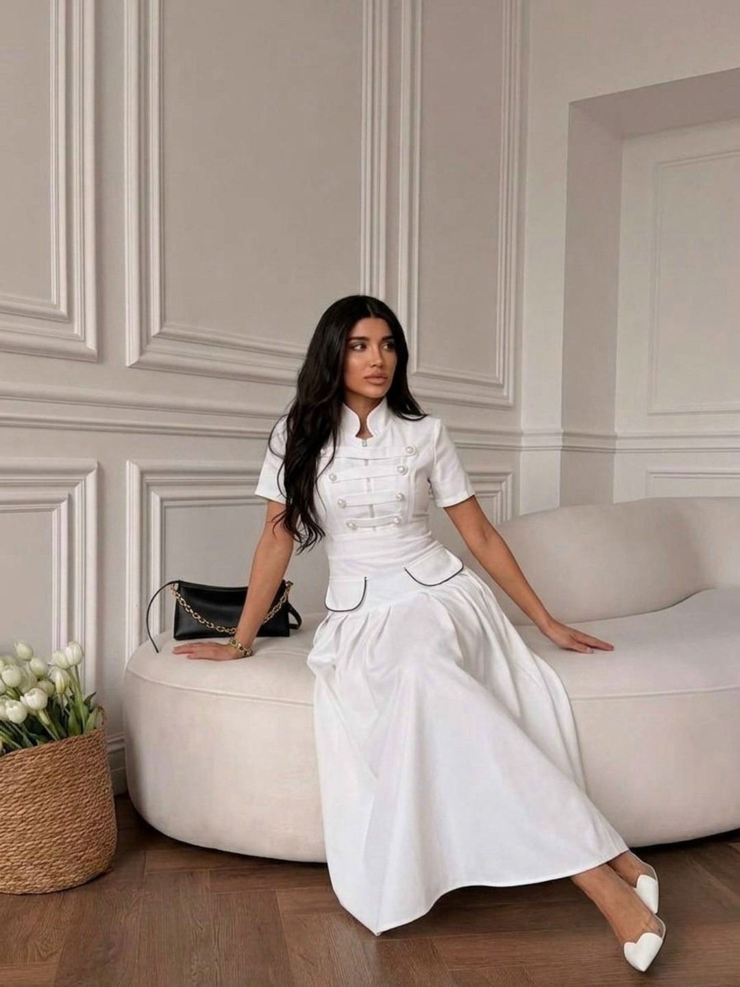 черное платье в горошек с белым воротником,платье в горошек,платье в горошек с белым воротником,стильное платье,платья женская