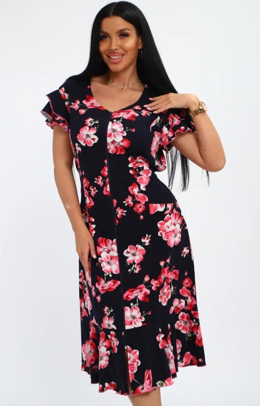 халат женский домашний,женский халат,халат женский 46663 сине-розовый,халат трикотажный,халат домашний летний на молнии большой размер фламинго текстиль