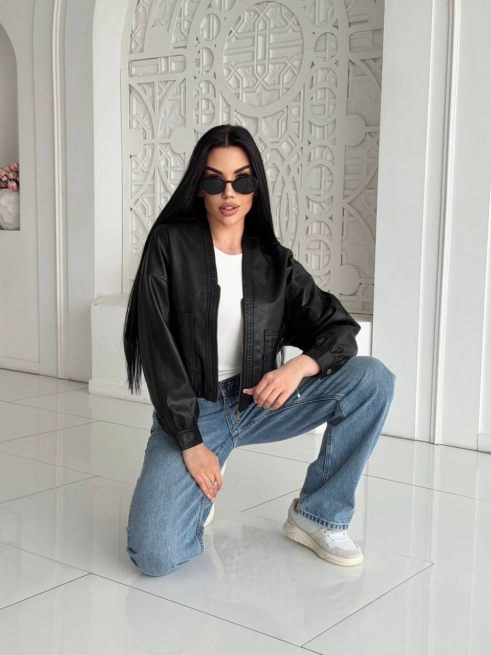 кожаная куртка женская nobrand ad166 черная 46-48 ru,куртка бомбер,кожаная куртка,женская кожаная куртка,куртка из экокожи