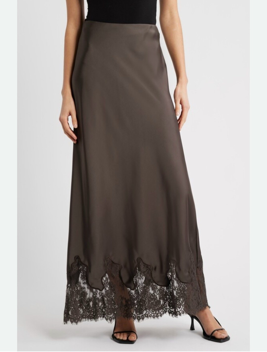 юбка миди с кружевной отделкой коричневый,атласная юбка с кружевом,юбка миди с кружевом,юбка с кружевами,юбка