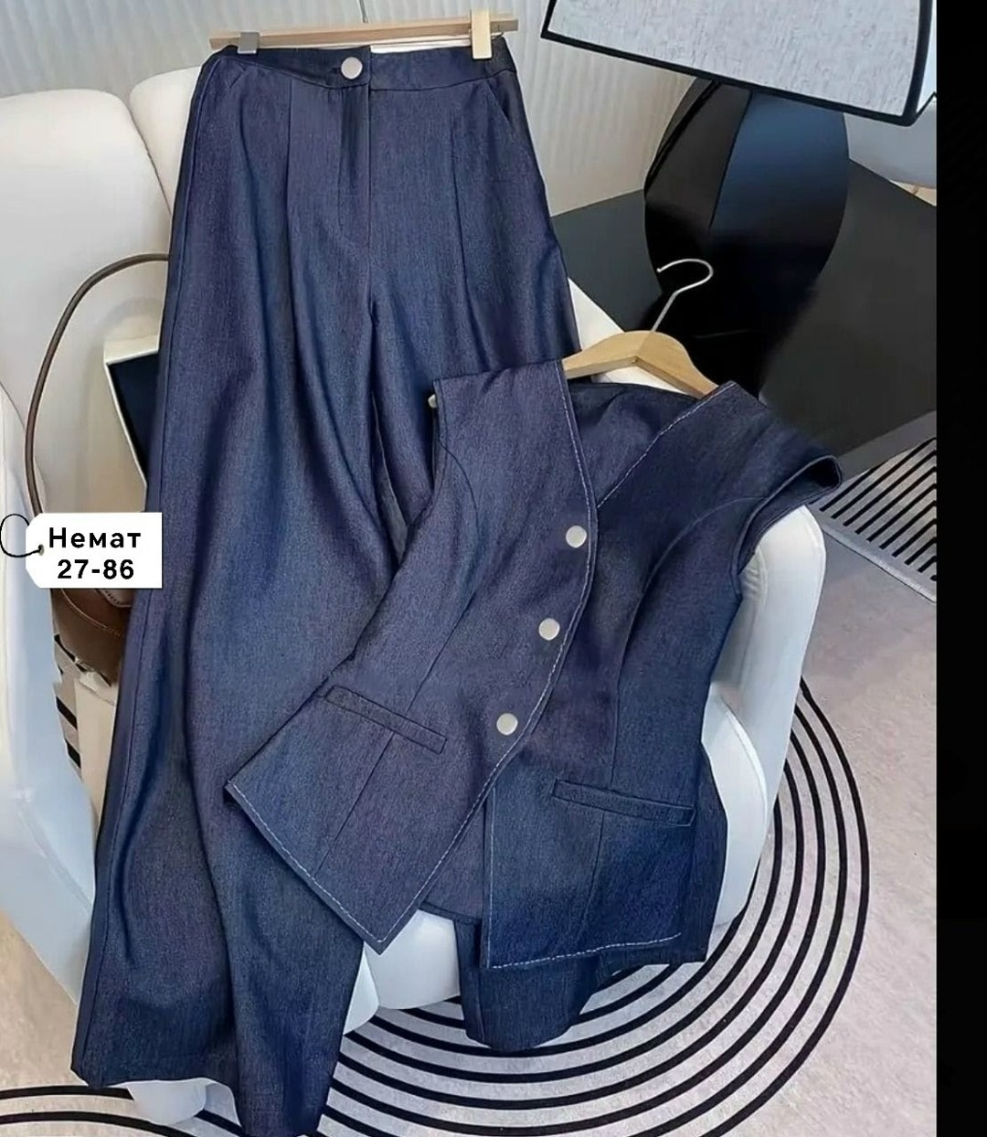 костюм двойка с брюками,джинсовый костюм брючный палаццо с жилетом vera nova,женские костюмы,женские жилеты