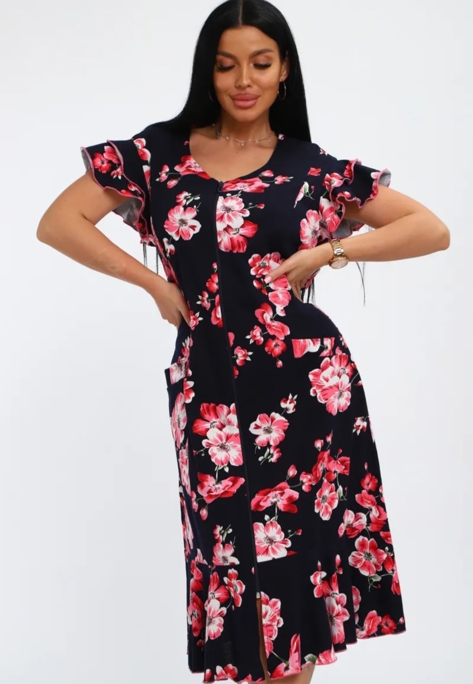 халат женский домашний,женский халат,халат женский 46663 сине-розовый,халат трикотажный,халат домашний летний на молнии большой размер фламинго текстиль