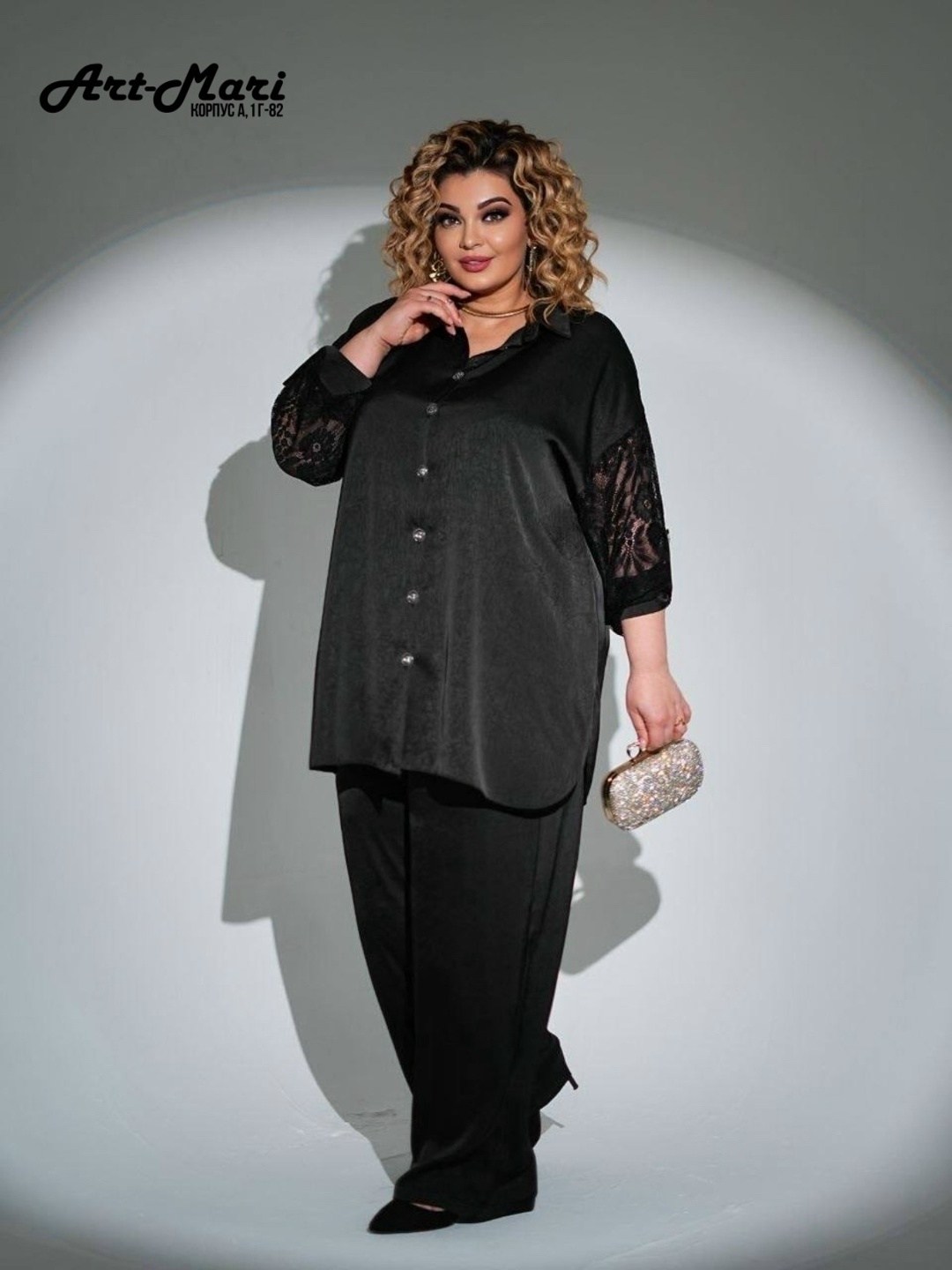 блузка solomealux 942 черный в размере 54-60,брючный костюм,брючный комплект,брючный костюм женский вечерний,костюм с брюками