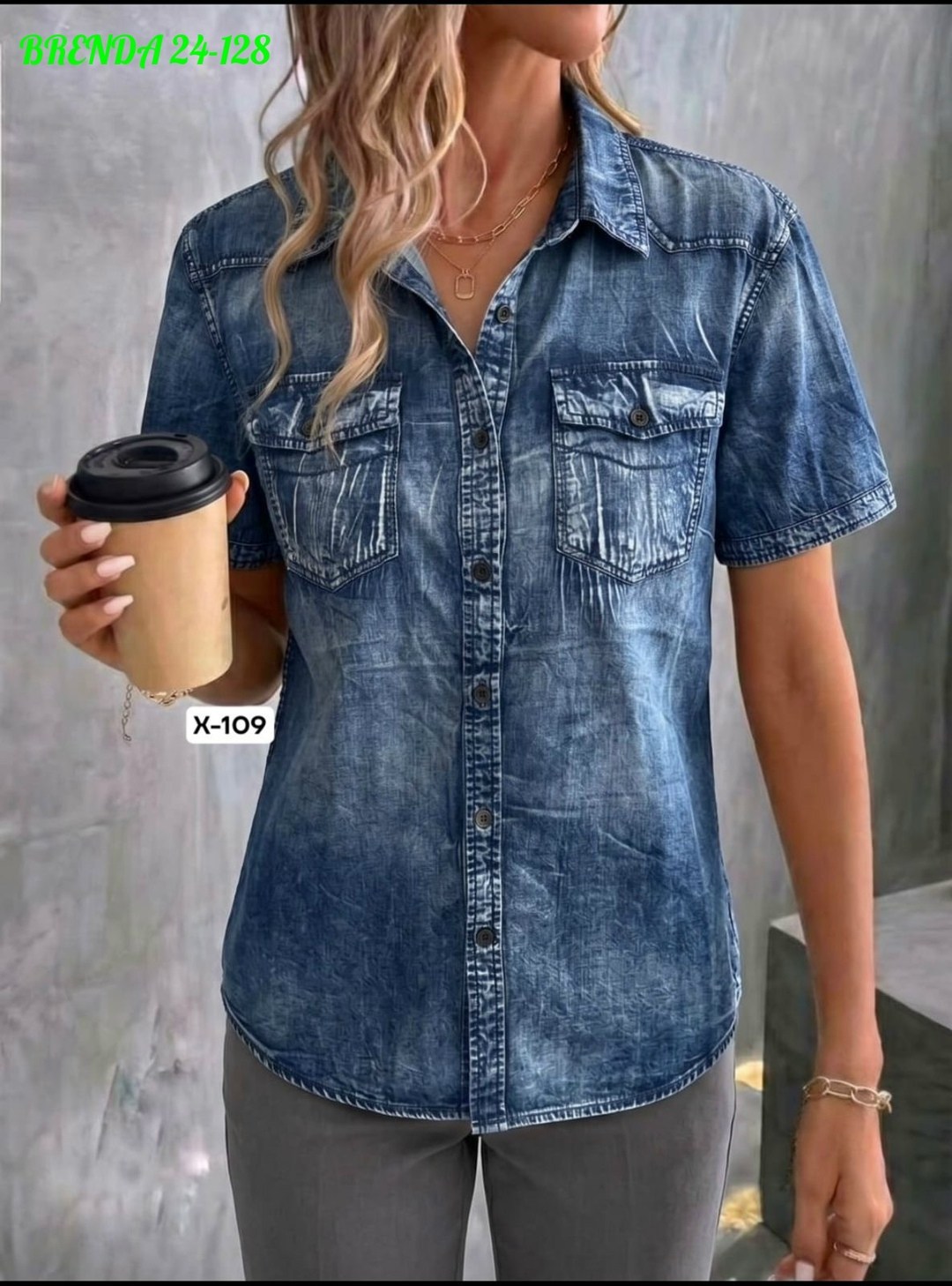 джинсовая рубашка с коротким рукавом,женская джинсовая рубашка,джинсовая блузка,washed denim blouse with short sleeves,джинсовые рубашки для женщин