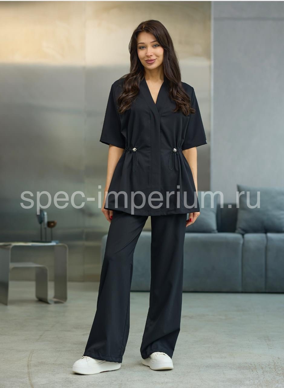 медицинский костюм женский,медицинский костюм на запах с брюками палаццо,медицинский костюм черный,костюм медицинский,костюм с брюками