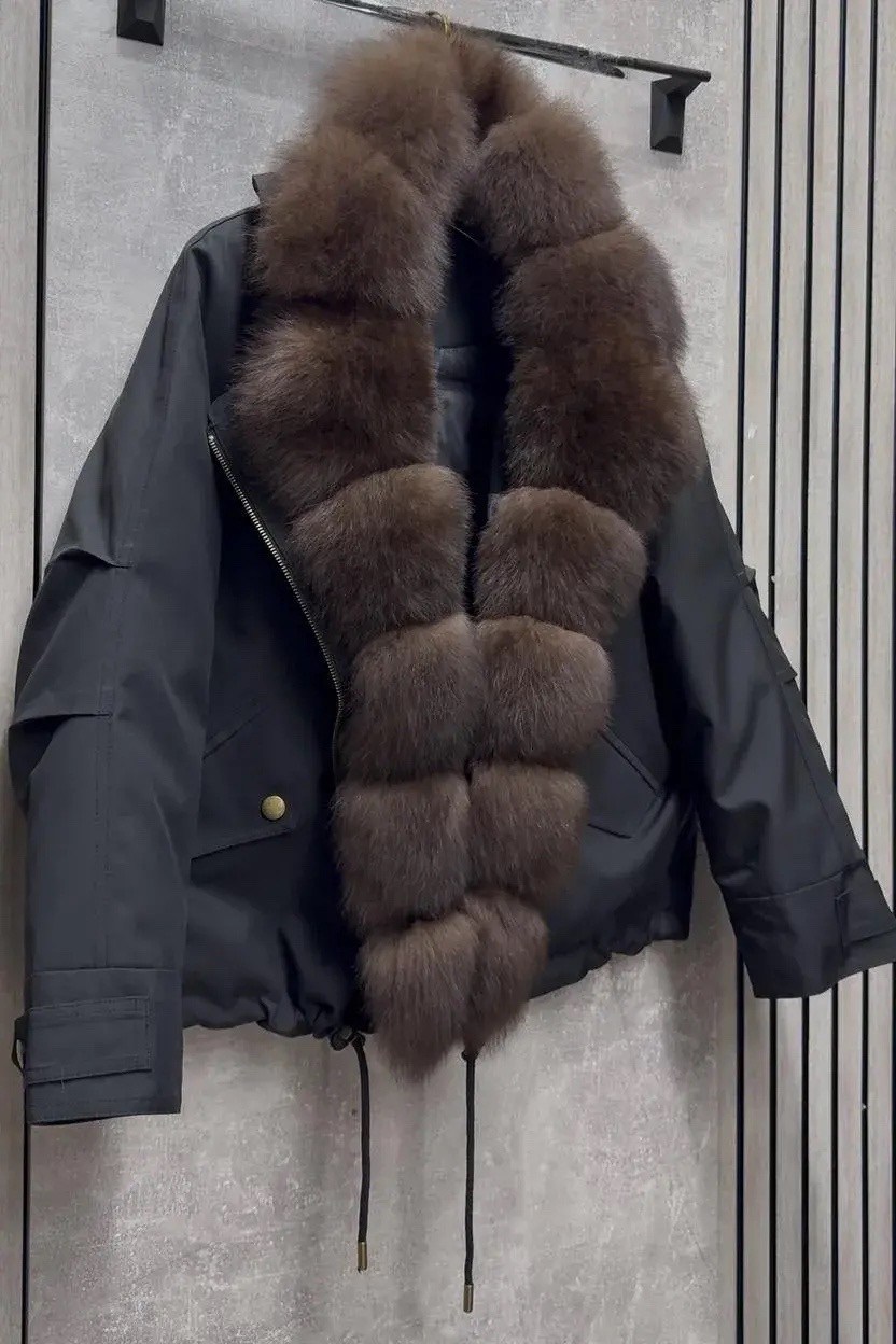 куртка - пуховик с мехом песца city furs,куртка с натуральным мехом,коричневая укороченная парка с меховым воротником,женский пуховик,пуховик с мехом