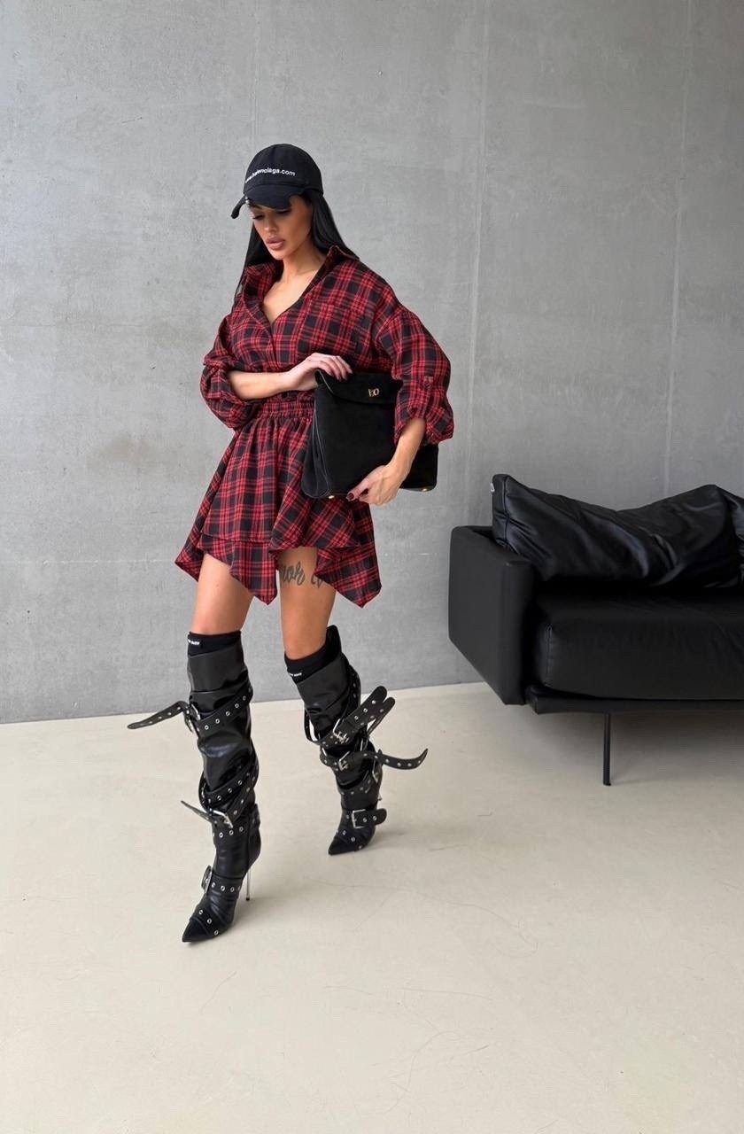 стильный костюм в клетку,платья в клетку,костюм рубашка и юбка,костюм в клетку,платье рубашка в клетку красное