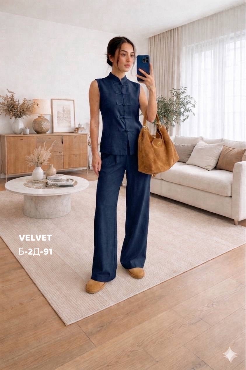 джинсовый костюм брючный палаццо с жилетом vera nova,женский брючный костюм,костюм брючный синий,костюм брюки палаццо и жилетка,костюм