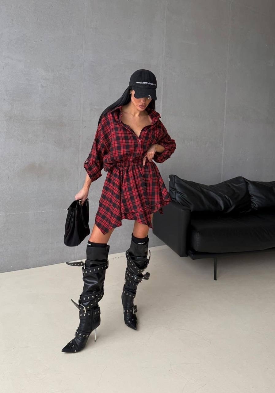 стильный костюм в клетку,платья в клетку,костюм рубашка и юбка,костюм в клетку,платье рубашка в клетку красное