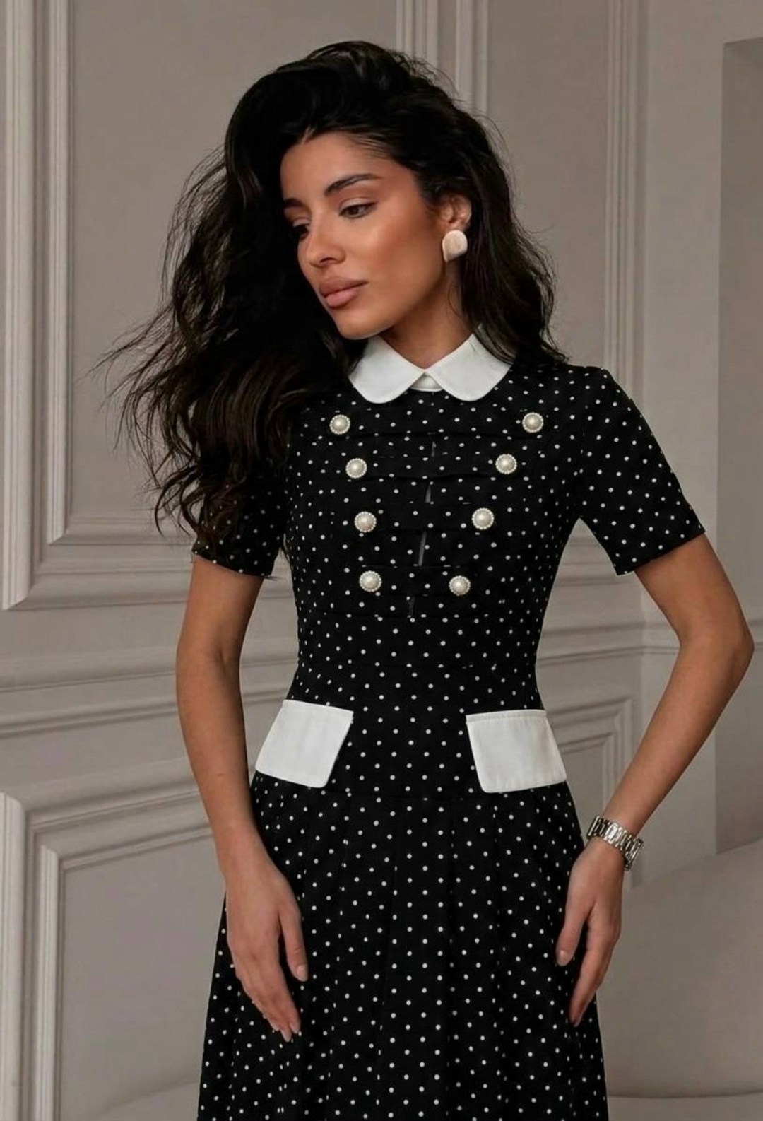 черное платье в горошек с белым воротником,платье в горошек,платье в горошек с белым воротником,стильное платье,платья женская