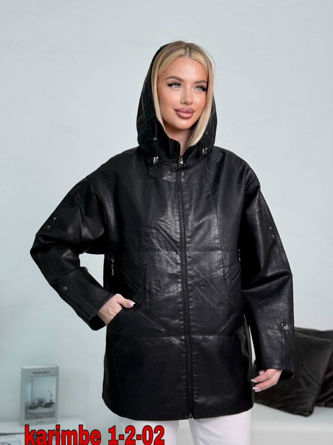 кожаная куртка женская мосмеха 8023320 черная 58 ru,женская кожаная куртка,кожаная куртка,женская кожаная куртка из эко-кожи с капюшоном мосмеха,женская куртка
