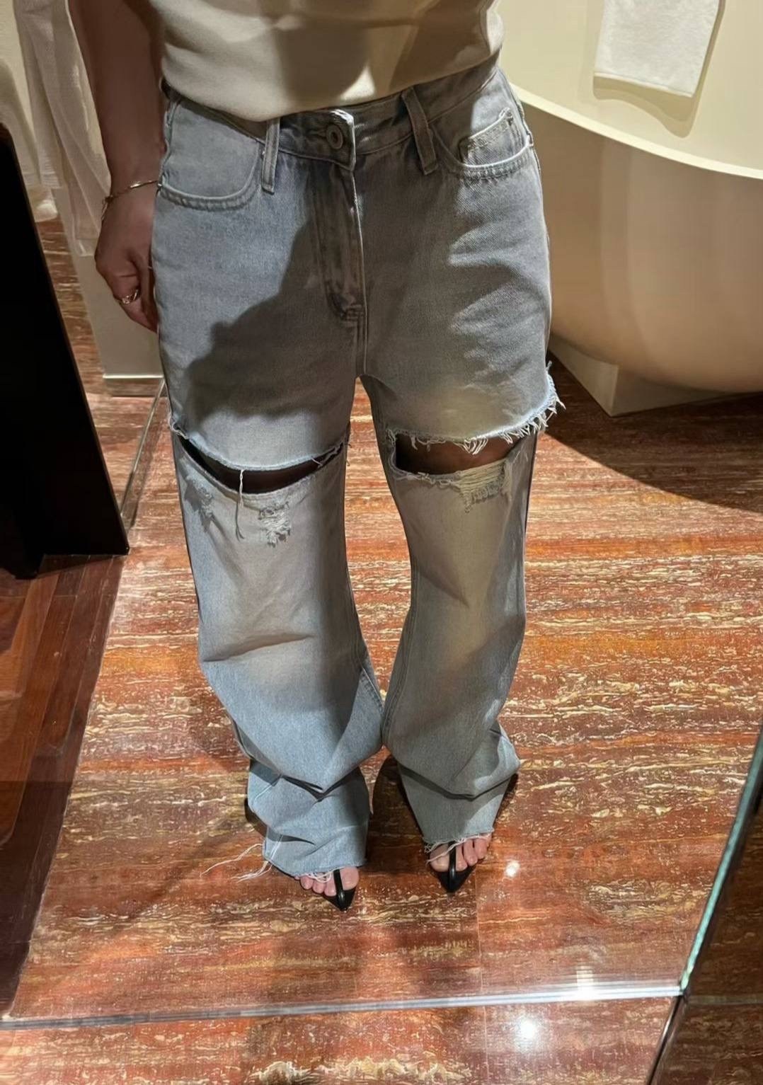 женские рваные джинсы в уличном стиле,рваные джинсы с высокой талией,женские рваные джинсы,женские широкие джинсы,джинсы с дырками