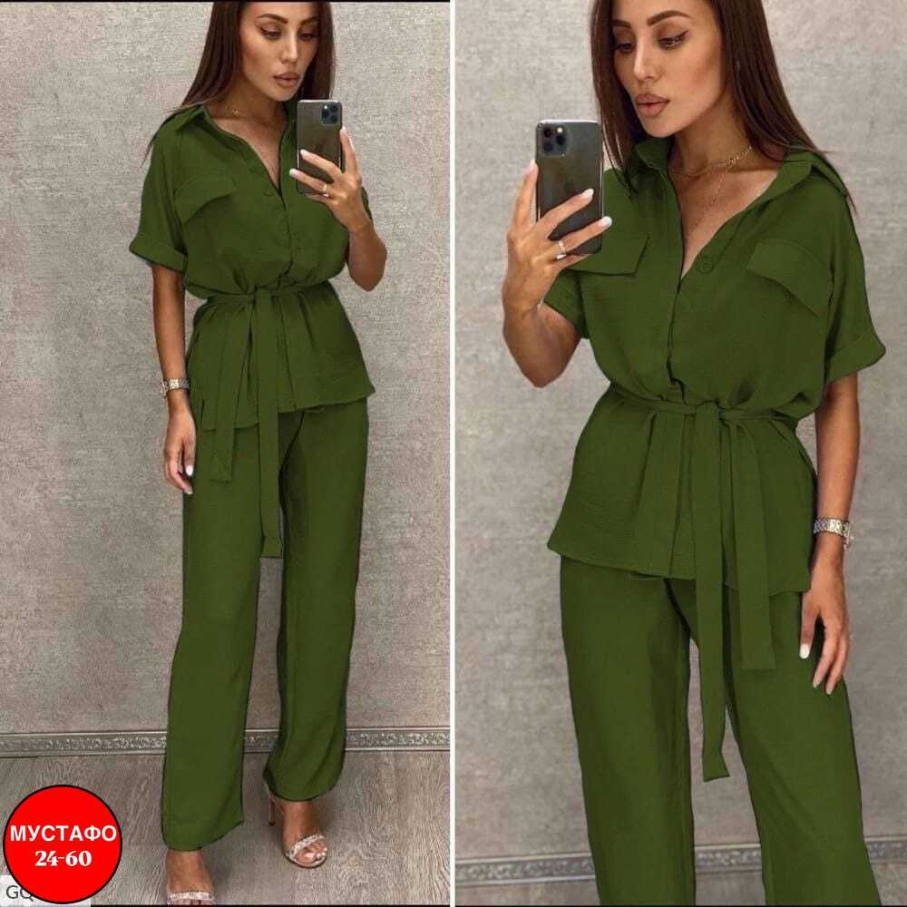 брючный костюм,брючный костюм жатка,костюм женский летний брючный,женский летний костюм блузка и брюки прямые цвет хаки,костюм двойка женский летний брючный