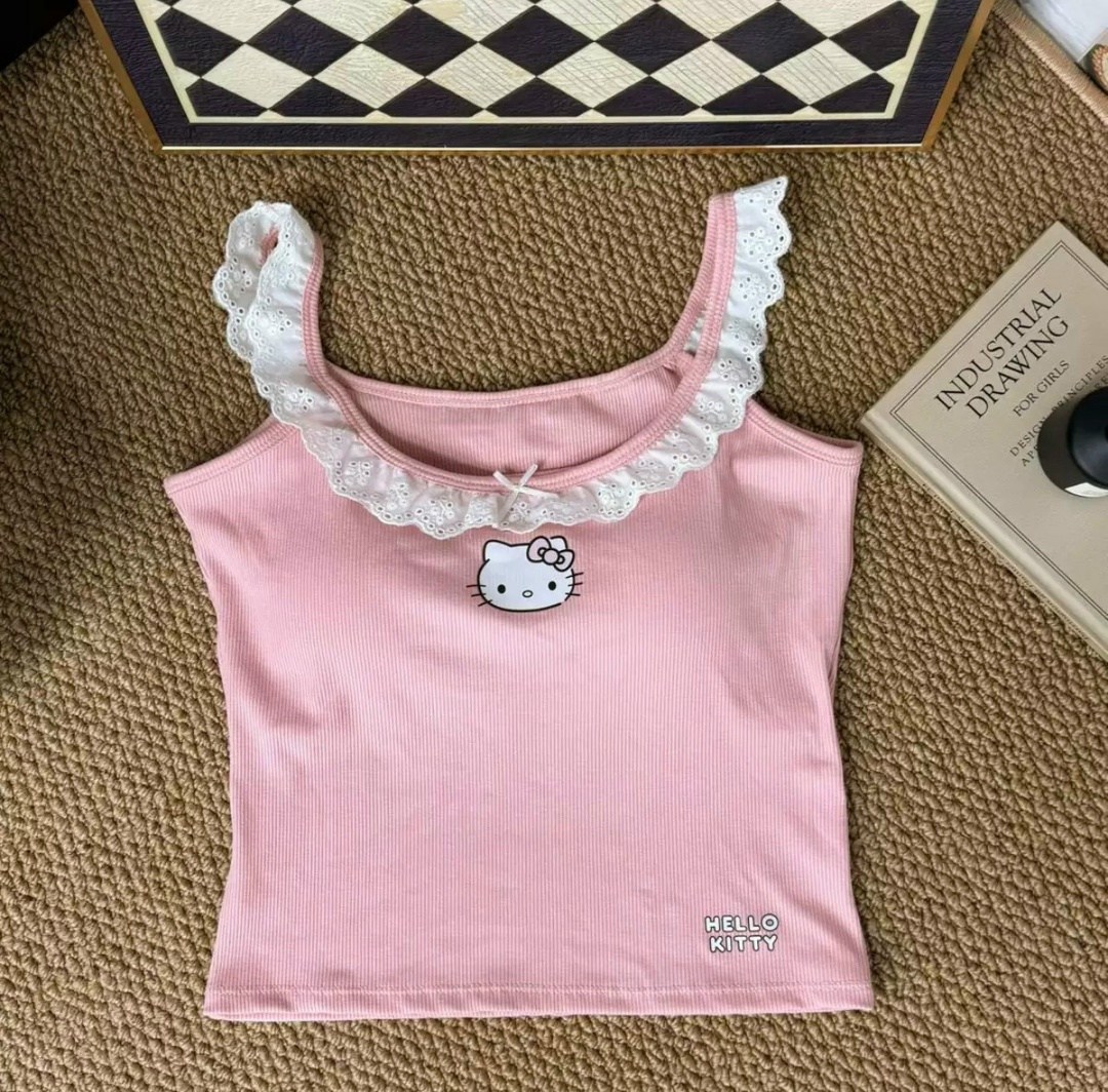 hello kitty одежда,hello kitty clothes,топ с накладкой на грудь hello kitty,miniso hello kitty топ из хлопка,женский топ hello kitty