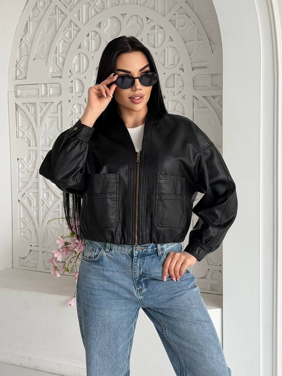 кожаная куртка женская nobrand ad166 черная 46-48 ru,куртка бомбер,кожаная куртка,женская кожаная куртка,куртка из экокожи