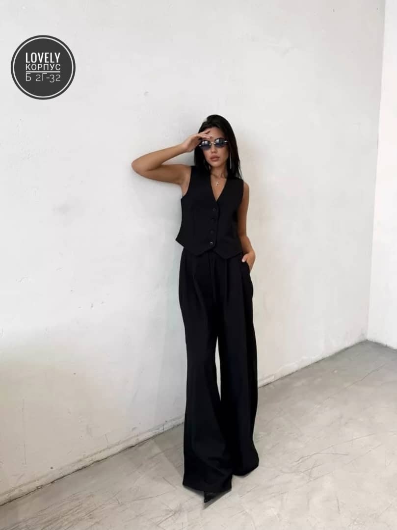 женский стильный брючный костюм двойка с жилеткой,брючный женский костюм черный жилетка брюки,брючный костюм с жилетом,костюм брючный женский,костюм брючный