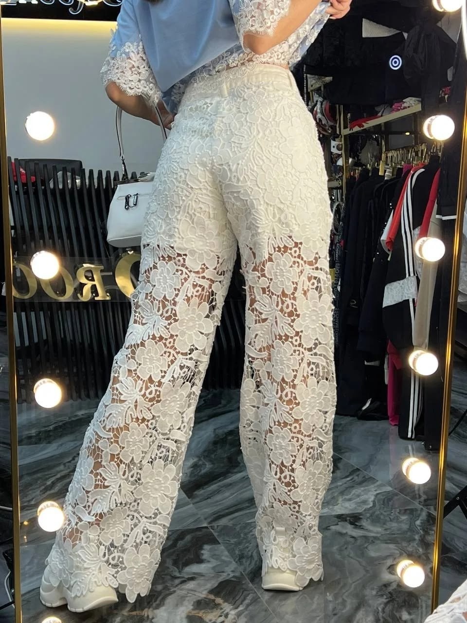 брюки клеш из гипюра fati collection,кружевные брюки,брюки из кружева,брюки с кружевом,женские кружевные брюки bcbgmaxazria