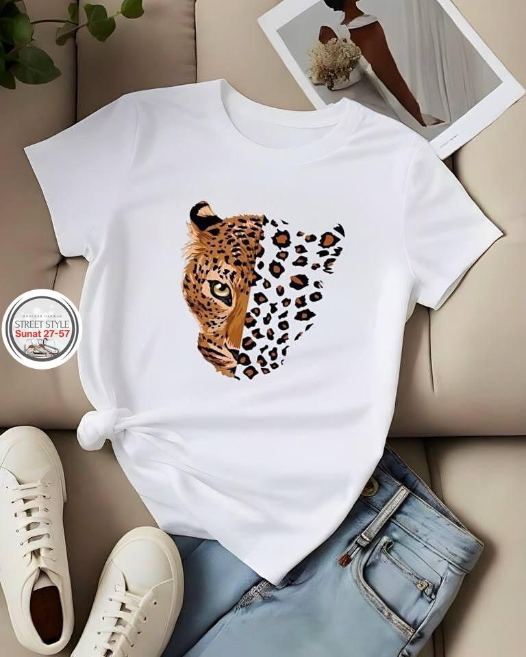футболка белая с леопардовым принтом женская,футболка с леопардом,футболка с леопардовым принтом,женская футболка hirsionsan с леопардовым принтом,футболка леопардовый принт