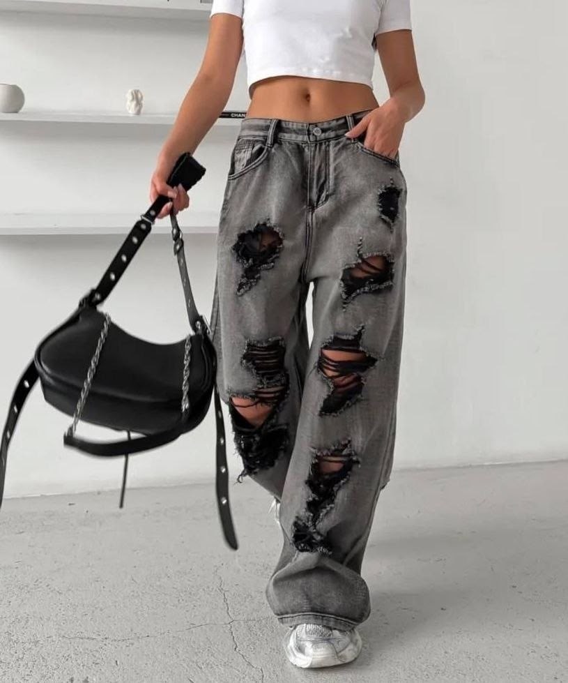рваные джинсы с высокой талией,рваные джинсы,рваные джинсы женские,широкие рваные джинсы,джинсы с дырками
