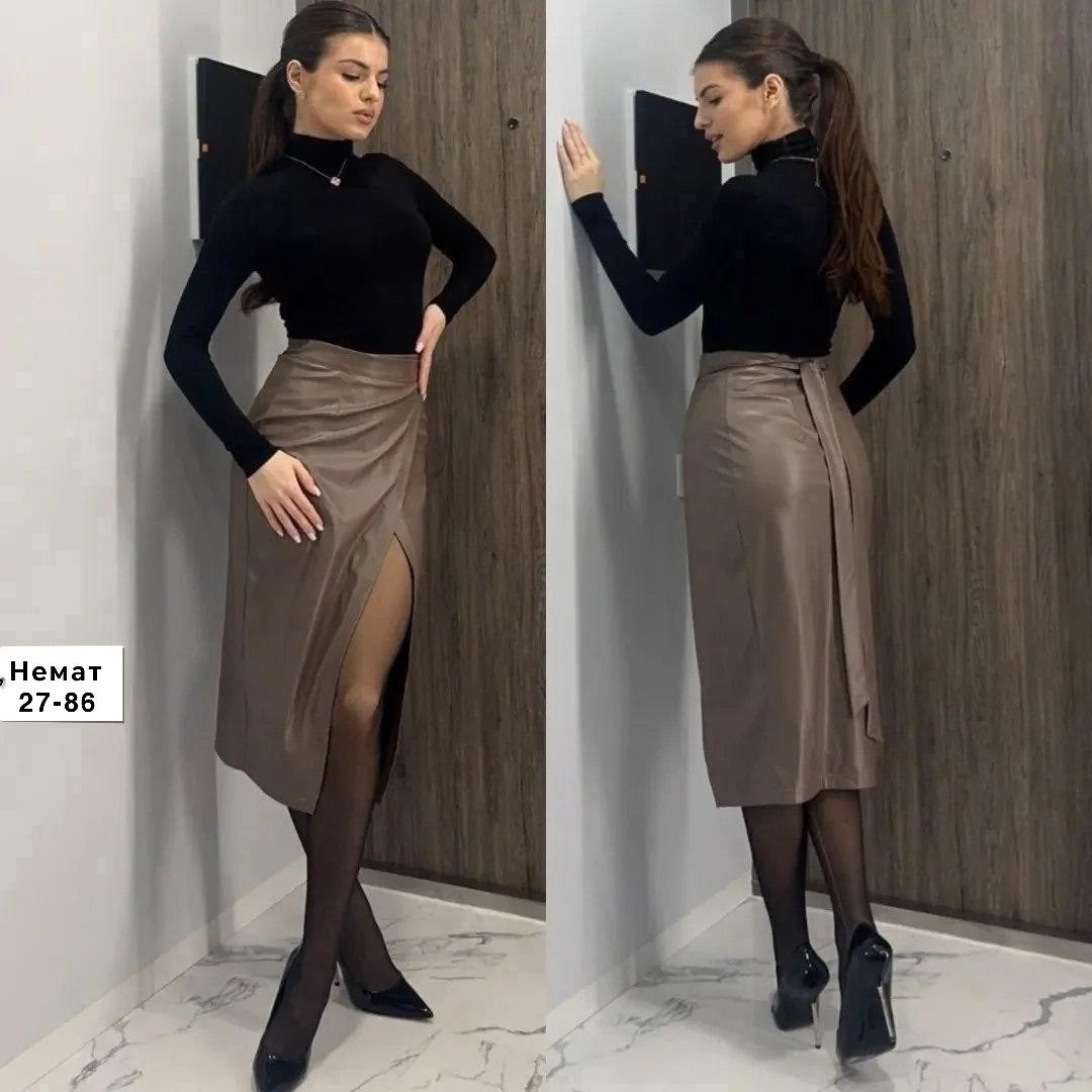 юбка кожаная,кожаная утепленная юбка миди на флисе с разрезом,женская кожаная юбка миди с высокой талией,юбка с разрезом,юбка кожаная миди с разрезом