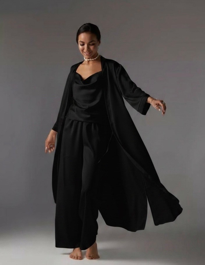 длинный халат,черный халат,пижама шелкова со штанами,пижама шелковая,элегантная пижама для женщин