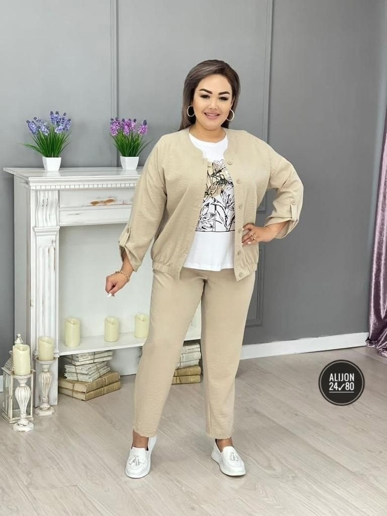 комплект брючный тройка с бомбером больших размеров markka plus,костюм тройка лен женский,костюм женский ткань сингапур,комплект брючный тройка с бомбером больших размеров markka plus 160402076,костюм
