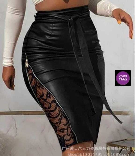 кожаная юбка с кружевом,кожаная юбка с гипюром,юбка из искусственной кожи,юбка кожаная с разрезом,юбка с гипюром
