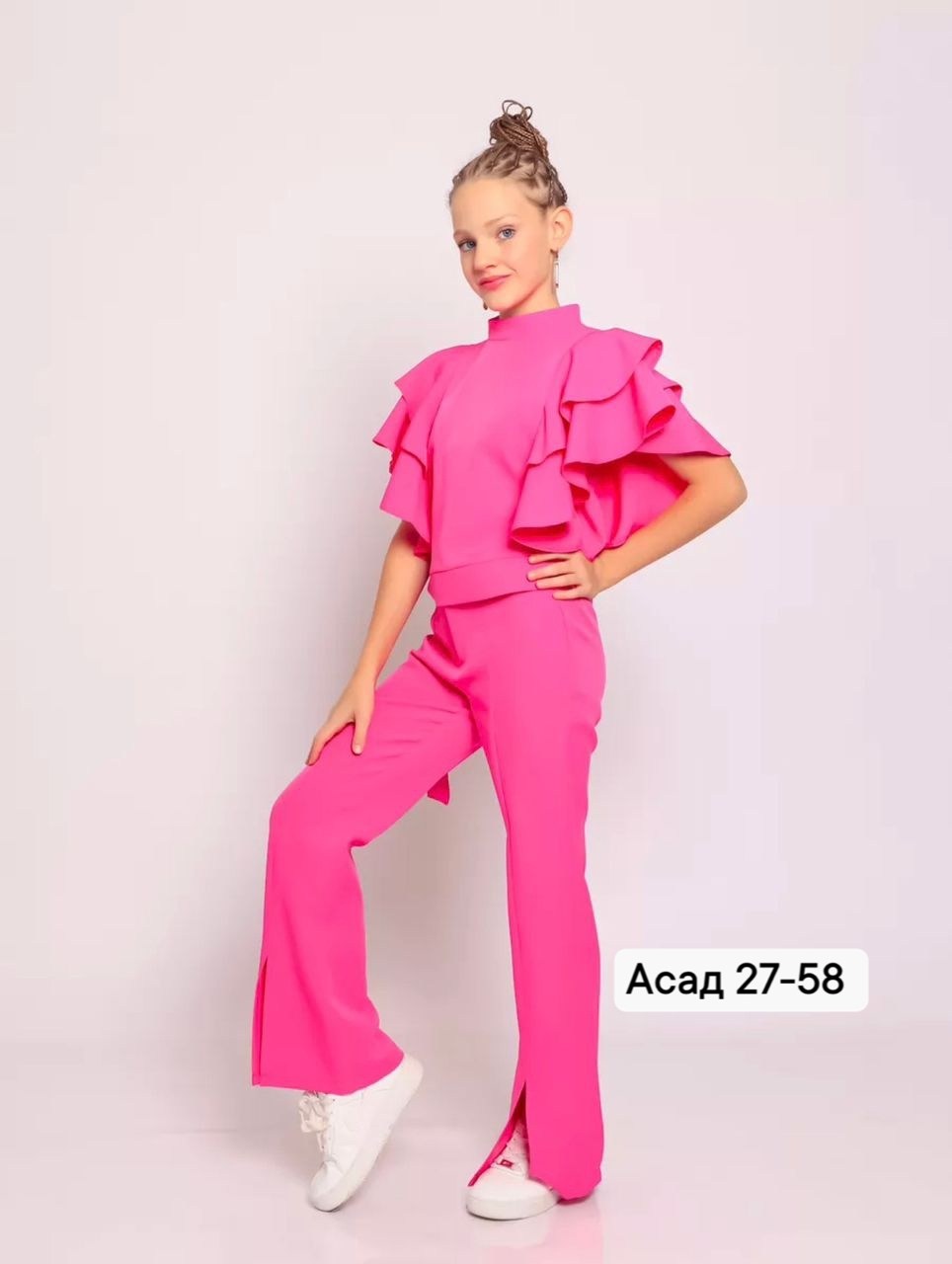 костюм брючный нарядный с воланами для подростка lemada brand,праздничный брючный костюм для девочек,брючный костюм нарядный,костюм с брюками,брючный костюм для девочки