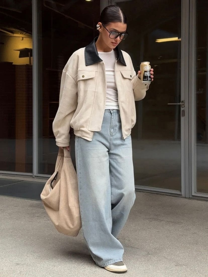повседневный стиль,широкие джинсы,замшевая куртка,стиле кэжуал