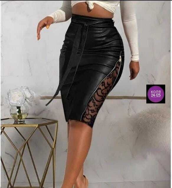 кожаная юбка с кружевом,кожаная юбка с гипюром,юбка из искусственной кожи,юбка кожаная с разрезом,юбка с гипюром