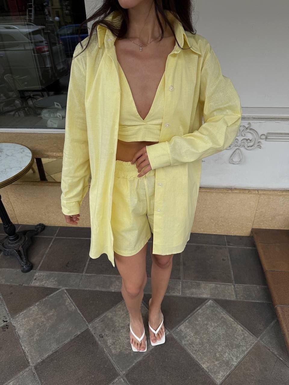 женский костюм с шортами,льняной костюм с шортами,женский летний костюм,желтый костюм