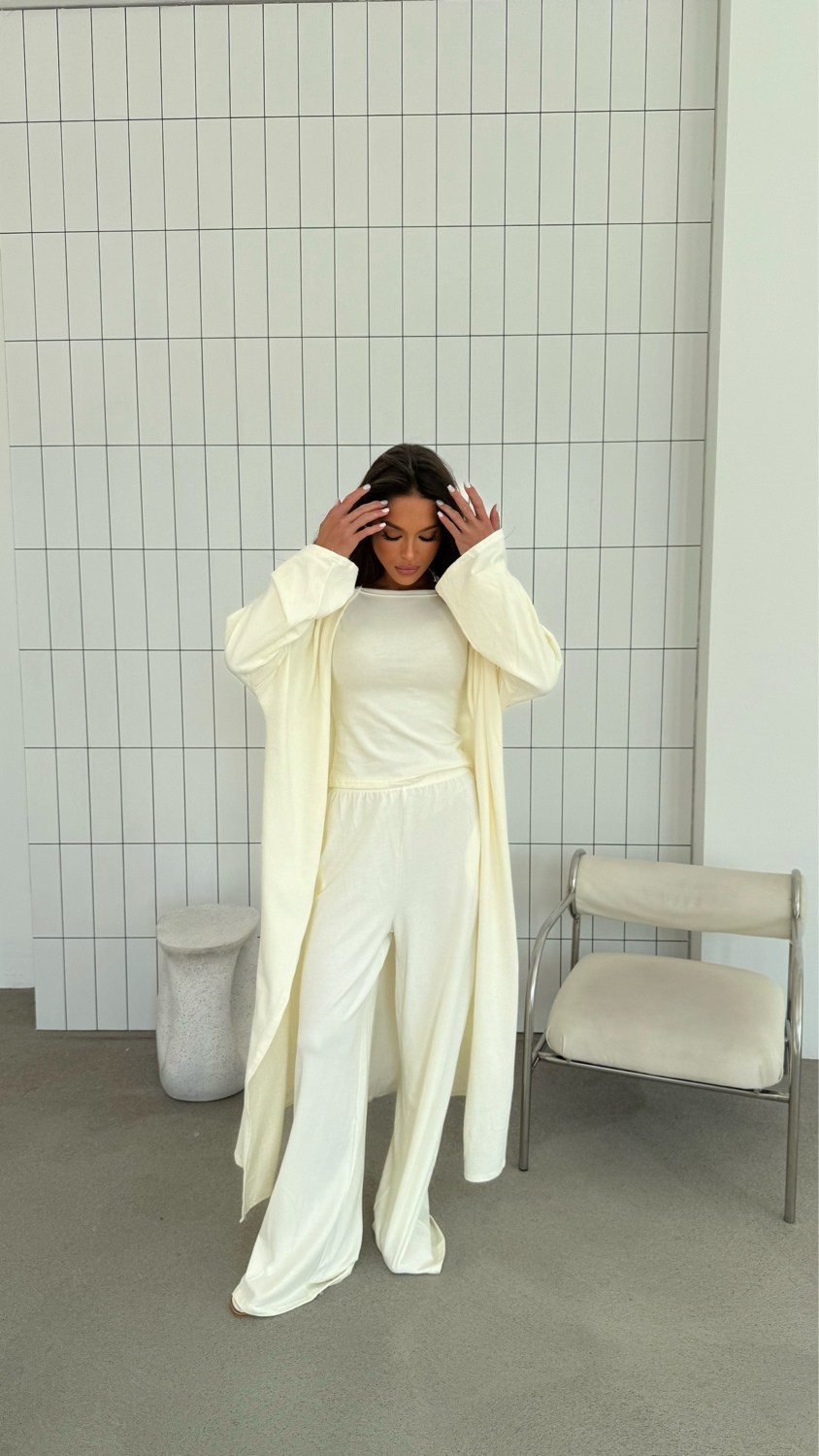 костюм тройка: кардиган, топ, брюки палаццо (плотный хлопок),костюм с брюками палаццо,элегантная женская тройка: топ с драпировкой, свободные брюки и струящийся кардиган,костюм с брюками,брюки палаццо