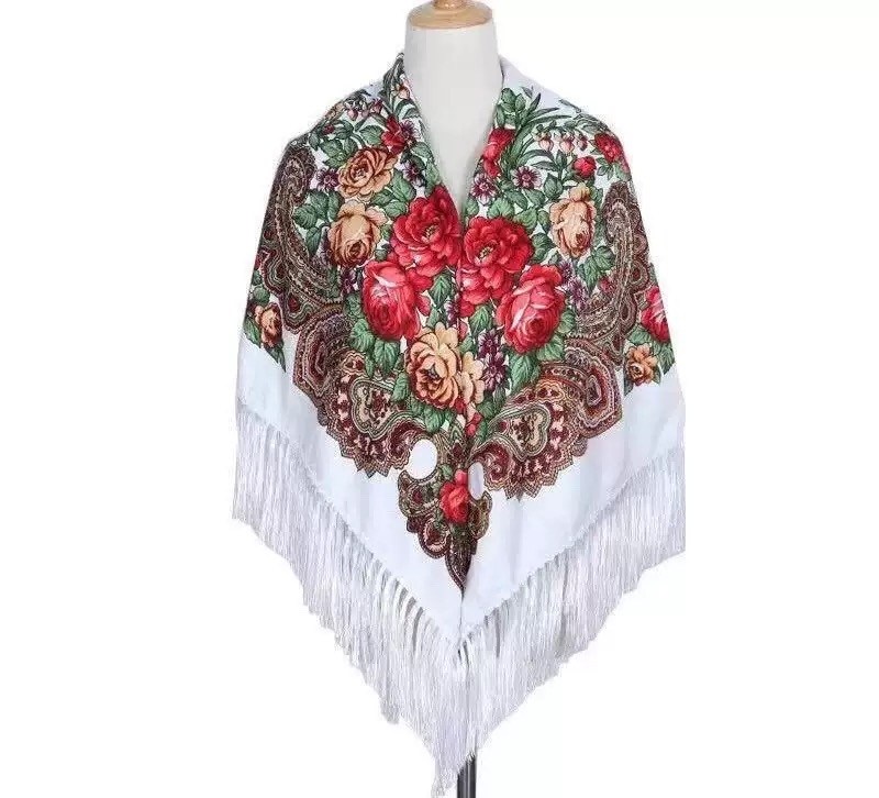 женский платок с бахромой принт "цветы",шаль женская,шаль,платки женские,платочная мануфактура платки