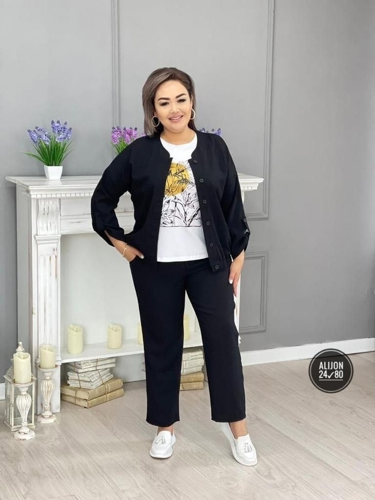 комплект брючный тройка с бомбером больших размеров markka plus,костюм тройка лен женский,костюм женский ткань сингапур,комплект брючный тройка с бомбером больших размеров markka plus 160402076,костюм