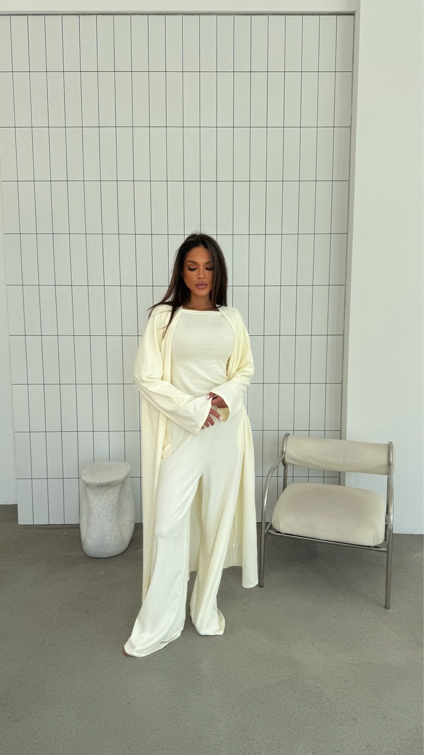 костюм тройка: кардиган, топ, брюки палаццо (плотный хлопок),костюм с брюками палаццо,элегантная женская тройка: топ с драпировкой, свободные брюки и струящийся кардиган,костюм с брюками,брюки палаццо