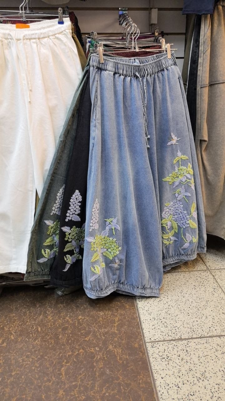 джинсы широкие,джинсы с широкими штанинами,джинсовые широкие брюки,брюки с вышивкой,джинсы с вышивкой