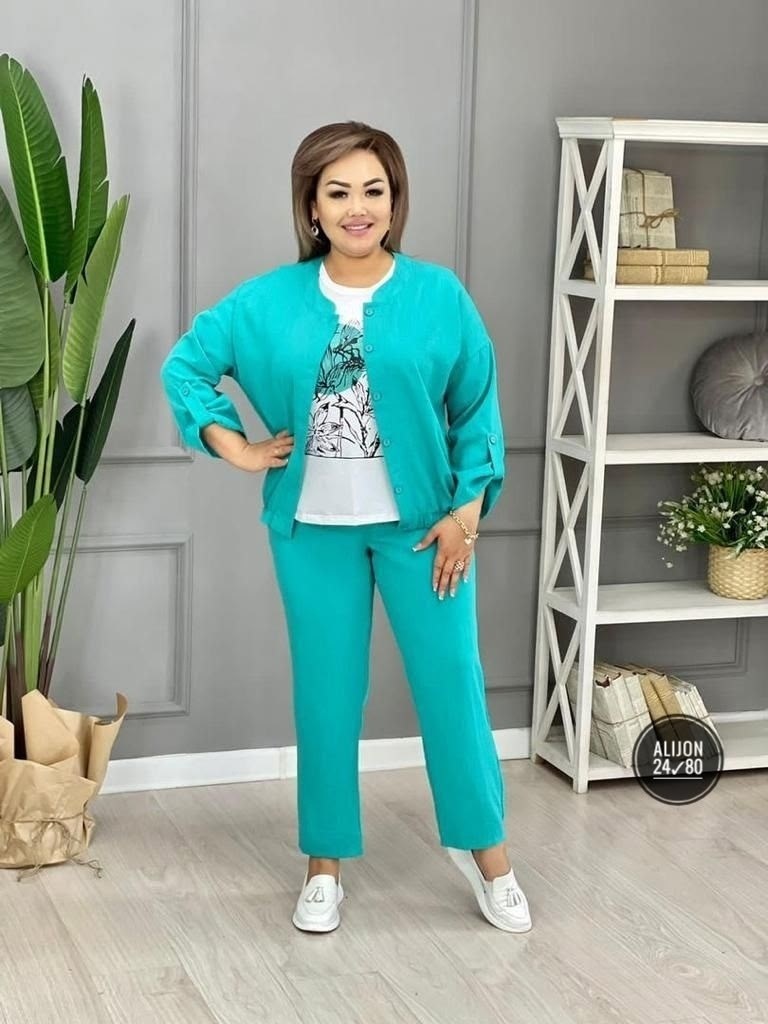 комплект брючный тройка с бомбером больших размеров markka plus,костюм тройка лен женский,костюм женский ткань сингапур,комплект брючный тройка с бомбером больших размеров markka plus 160402076,костюм