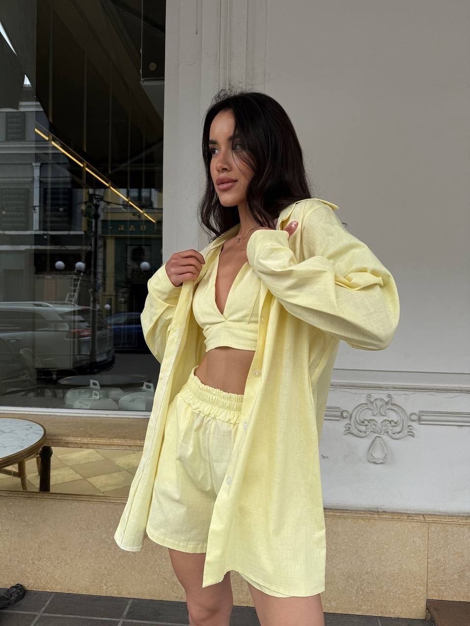 женский костюм с шортами,льняной костюм с шортами,женский летний костюм,желтый костюм