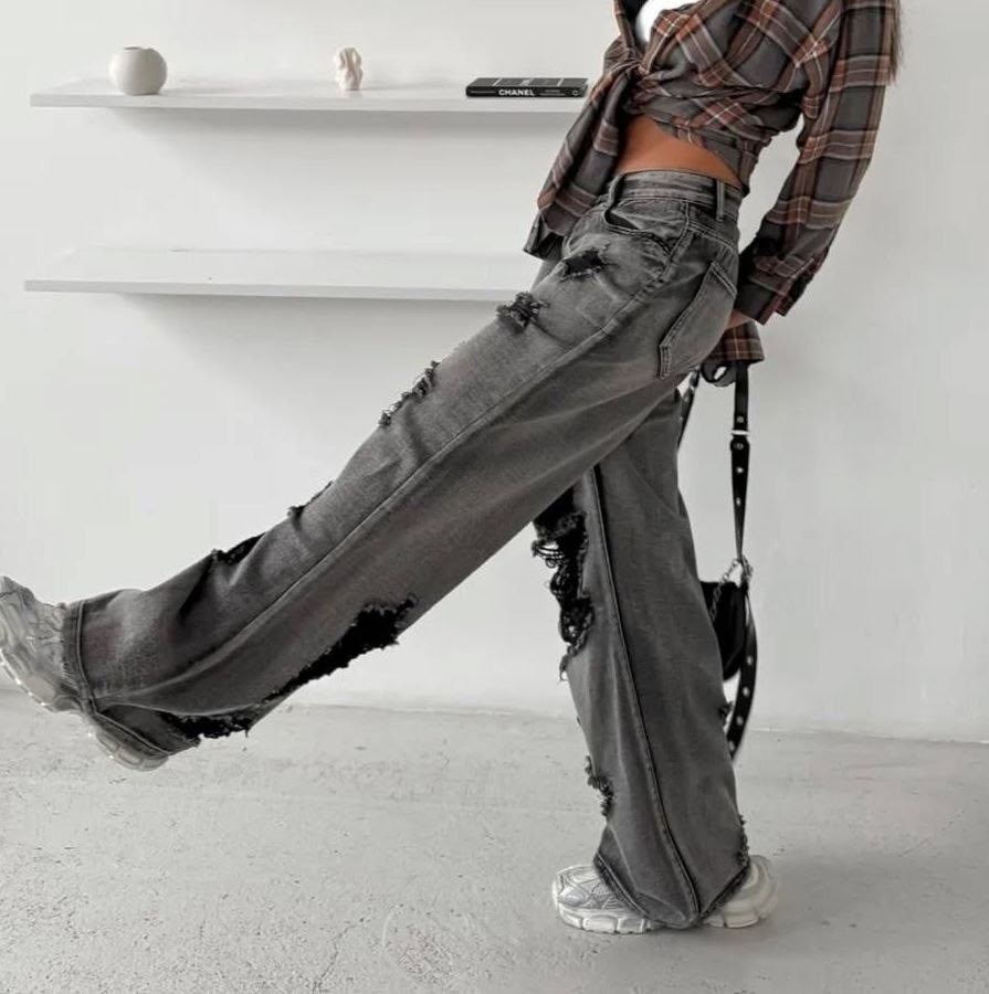 рваные джинсы с высокой талией,рваные джинсы,рваные джинсы женские,широкие рваные джинсы,джинсы с дырками