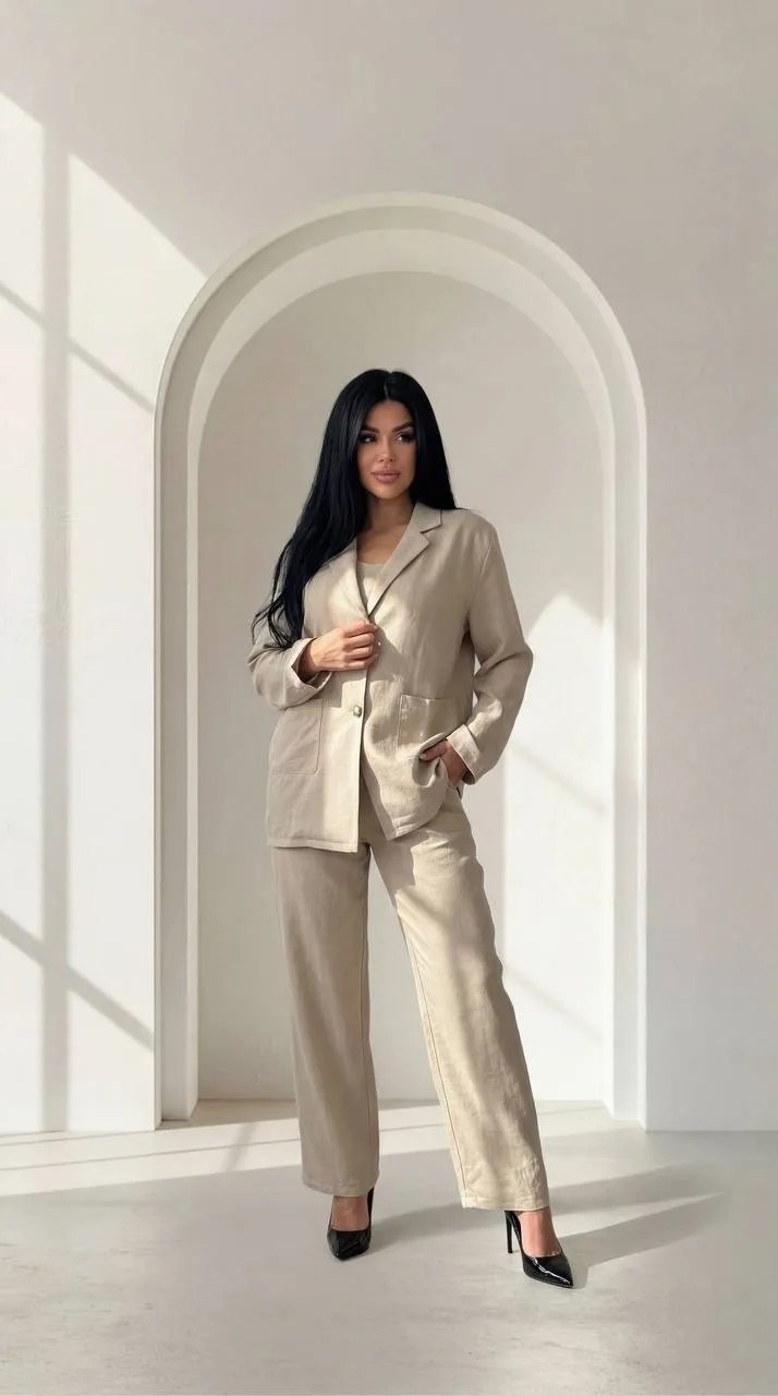 брючный костюм,костюм брючный бежевый,торжественный светло бежевый брючный костюм,костюм лен женский брючный,классический брючный костюм