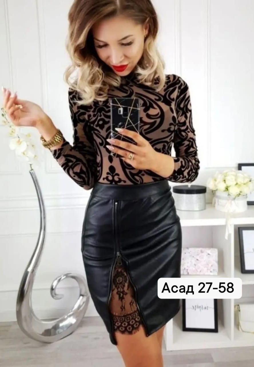 кожаная юбка с гипюром,кожаная юбка с кружевом,юбка из искусственной кожи,модная женская юбка,юбка с гипюром