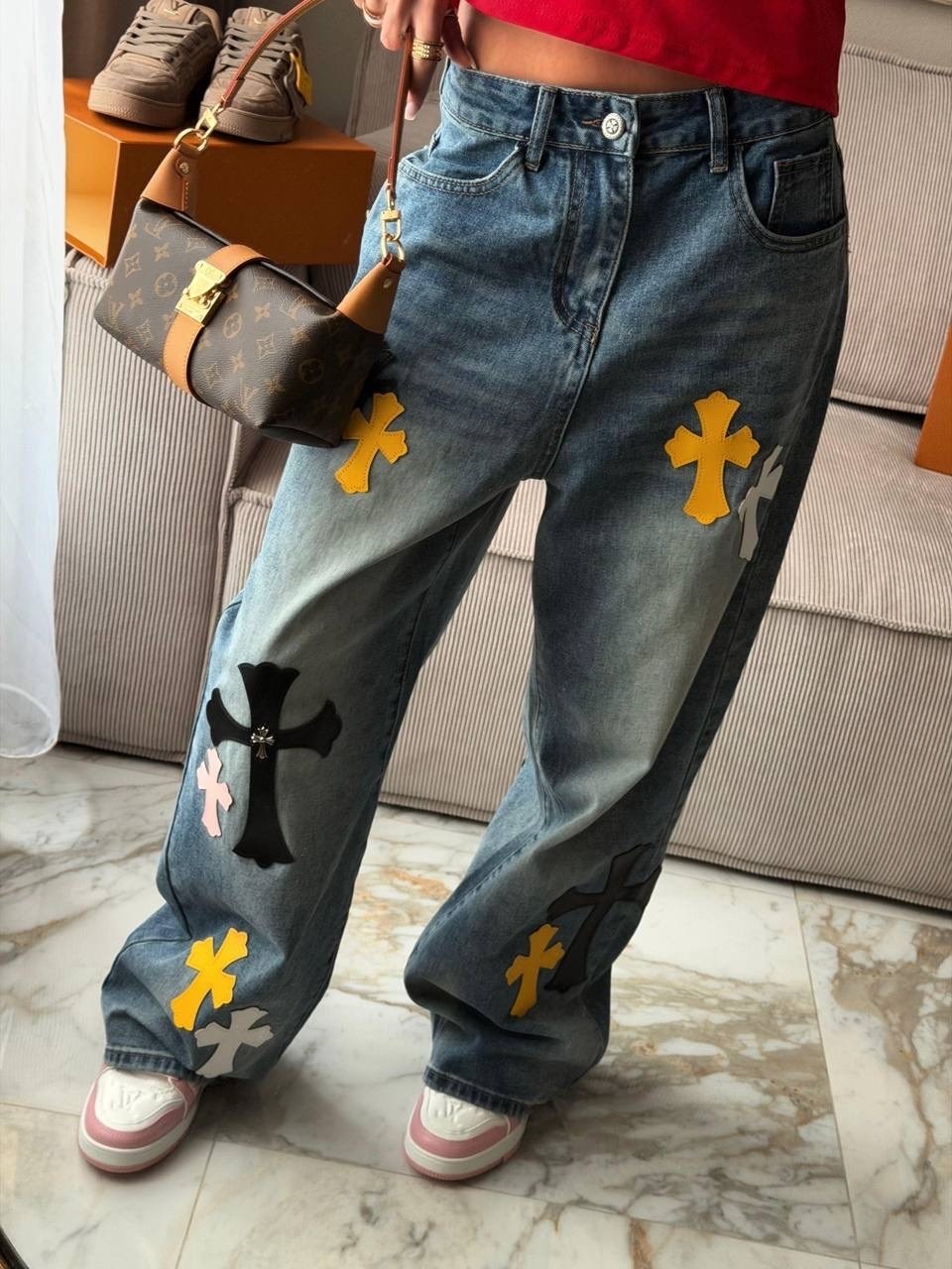 джинсы с вышивкой,джинсы с крестом,джинсовые брюки,джинсы с принтом,осенние y2k винтажные джинсы с цветочной вышивкой для мужчин