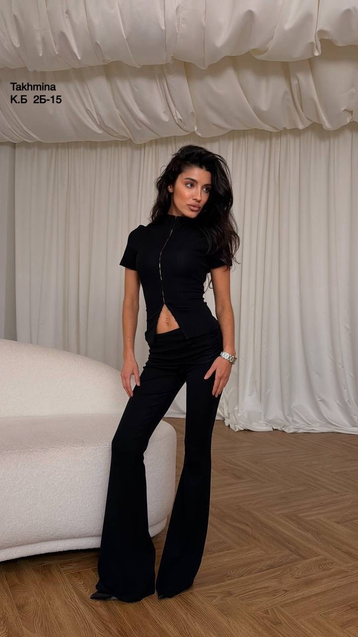 брючный костюм,костюм брюки клеш,костюм брюки клеш и топ,костюм,черный брючный костюм