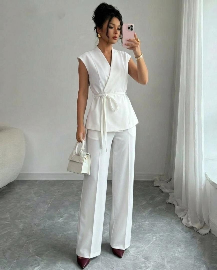 брючный костюм,летний брючный костюм с жилетом bk06-10-1,белые костюмы,женский костюм,летние костюмы