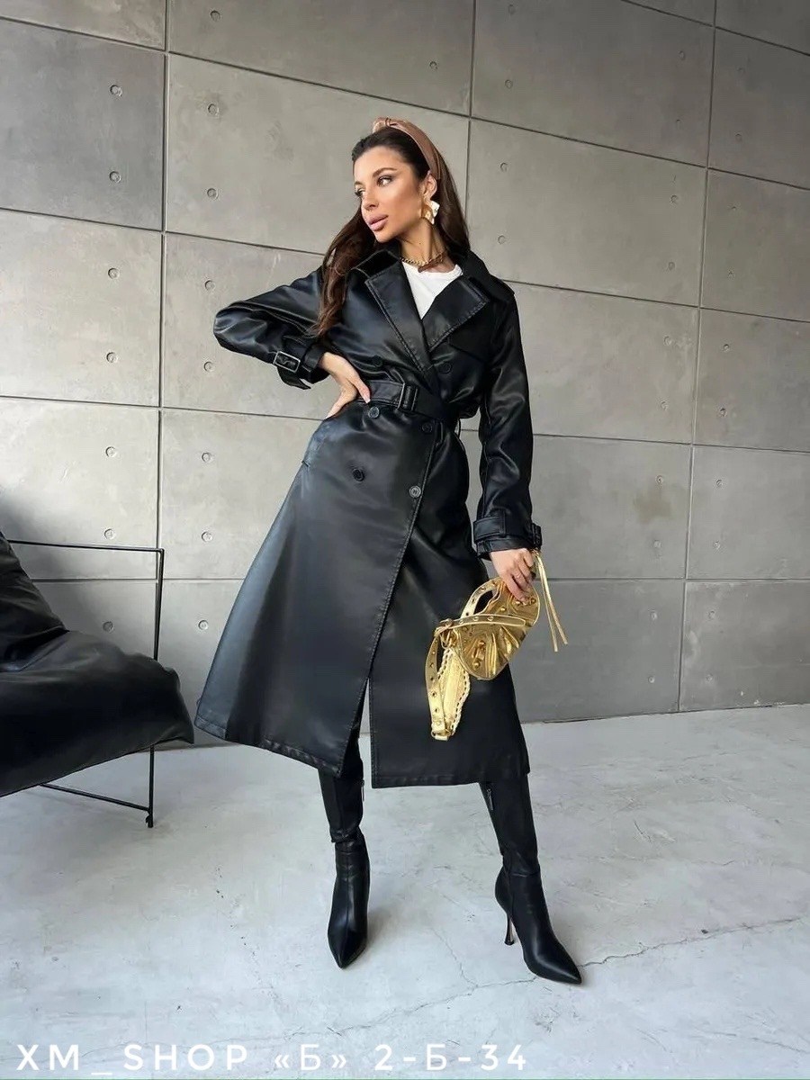 тренч пальто длинный плащ экокожа,тренч из экокожи в базовом черном цвете,кожаный плащ тренч женский,женское пальто из экокожи,тренч из экокожи в базовом черном цвете арт.3795967